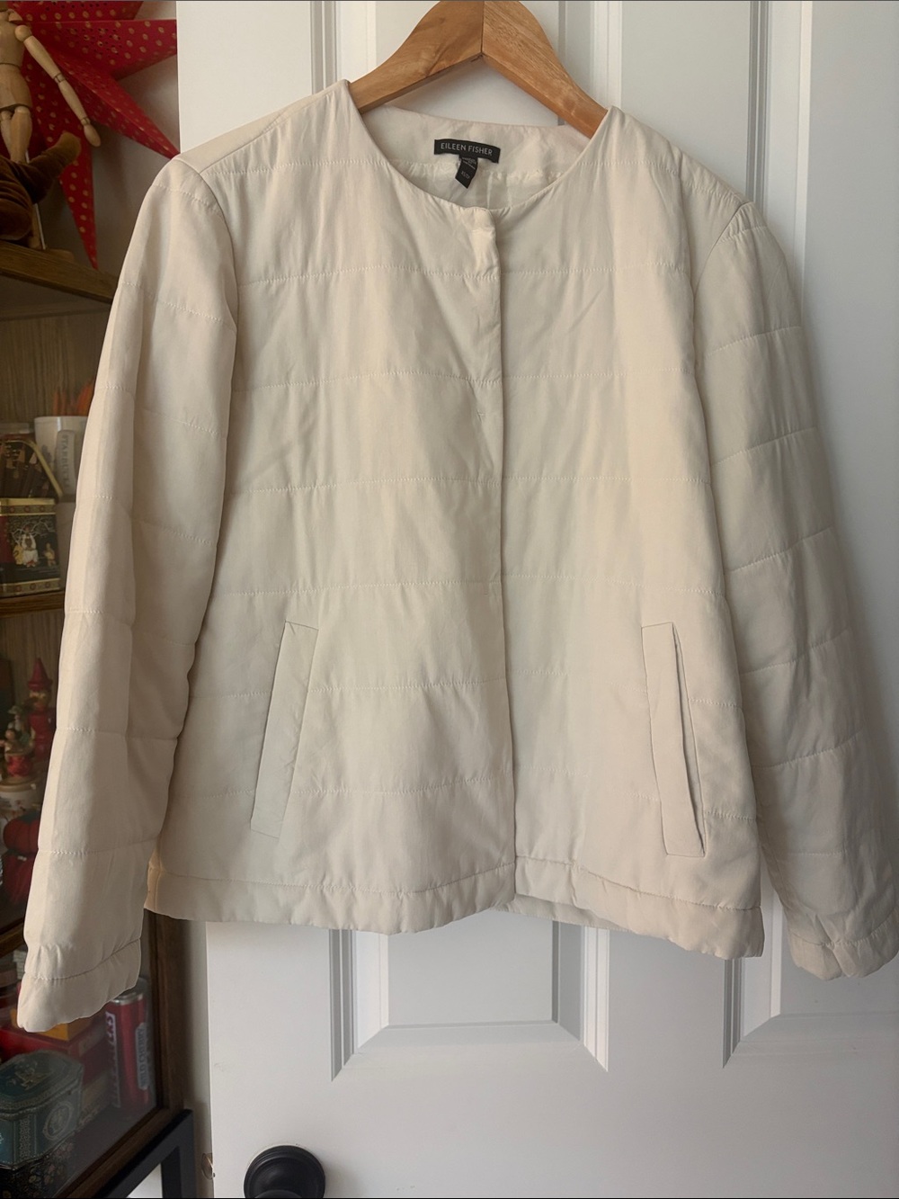 Eileen Fisher Cream Quilted Collarless Puffer Jacket
